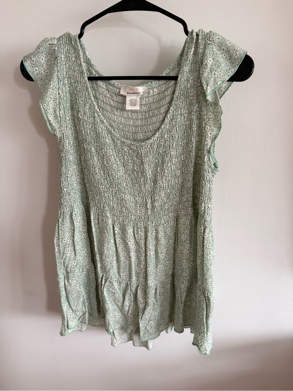 URBAN Romantics Mint Floral Smocked Flutter Sleeve Top